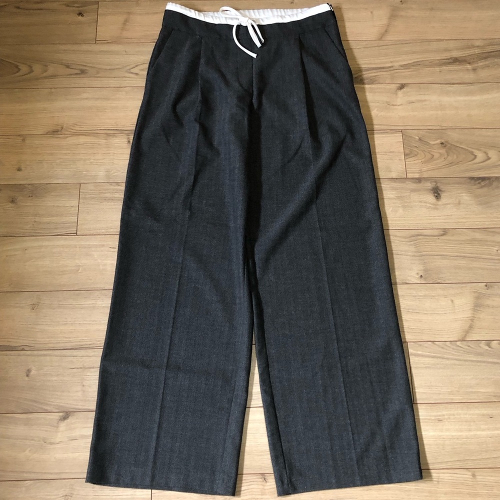 Women’s Zara Herringbone Charcoal Wide-Leg Pants with White Drawstring size M